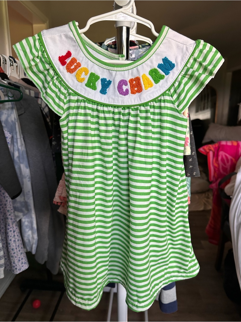 Green Striped Kids Dress with Colorful 'Lucky Charm' Yoke